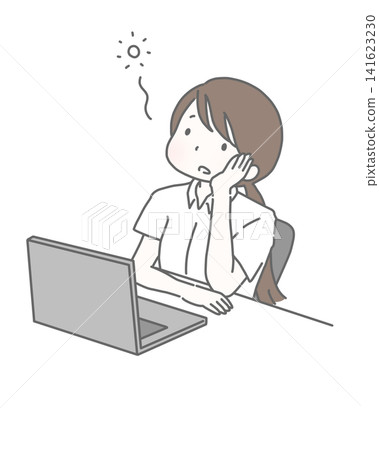 A woman in a short-sleeved shirt staring blankly at her computer. A woman in a short-sleeved shirt staring blankly at her computer. 141623230