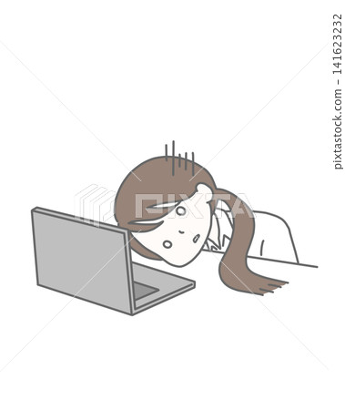 A woman in a short-sleeved shirt, looking despairing and depressed in front of her computer. A woman in a short-sleeved shirt, looking despairing and depressed in front of her computer. 141623232