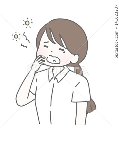 A sleepy-looking woman in a short-sleeved shirt yawning A sleepy-looking woman in a short-sleeved shirt yawning 141623237