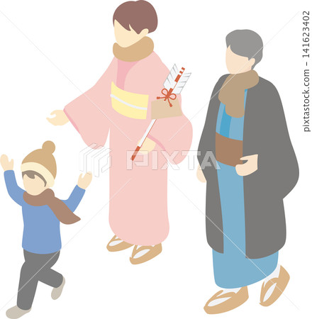 一幅等距插圖,描繪了一家人穿著和服,前往神社進行一年中的第一次參拜。 一幅等距插圖,描繪了一家人穿著和服,前往神社進行一年中的第一次參拜。 141623402