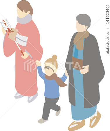 一幅等距插圖，描繪了一家人穿著和服，前往神社進行一年中的第一次參拜。 141623403