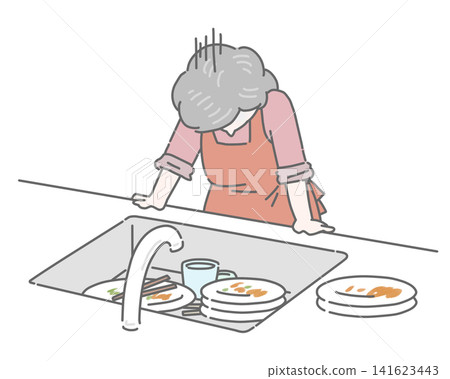 An elderly woman exhausted from washing dishes in the sink. An elderly woman exhausted from washing dishes in the sink. 141623443