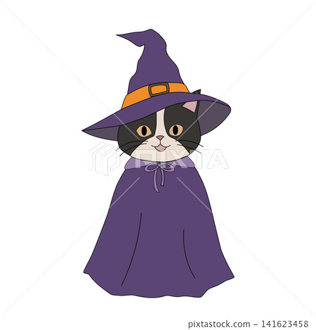 Cat in a Halloween costume, wizard wearing a hat 141623458
