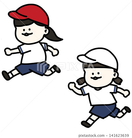 An illustration of a girl wearing a red and white hat and running energetically (transparent background). An illustration of a girl wearing a red and white hat and running energetically (transparent background). 141623639
