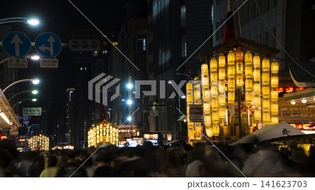 Kyoto, Gion Festival's Yoiyama (evening festival): Crowds of people on Shijo Street near the Naginata Hoko float. 141623703
