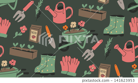 Vector seamless gardening pattern in naive style on a dark background. Hobbies and floriculture Vector seamless gardening pattern in naive style on a dark background. Hobbies and floriculture 141623953