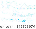 Simple summer seaside townscape and nature frame illustration, underwater silhouette 141623976