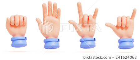 3D cartoon hand gesture collection - open welcoming palm, high five, call me, raised fist, rock and shaka sign. Business character arms with blue cuff. Body language and communication. 3D illustration 141624068