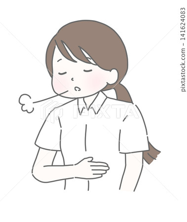A woman in a short-sleeved shirt is exhaling while holding her stomach. A woman in a short-sleeved shirt is exhaling while holding her stomach. 141624083