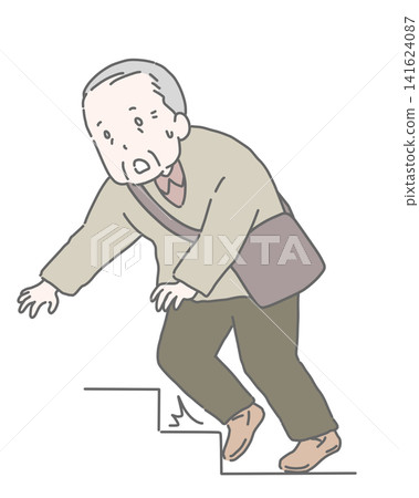 An elderly man trips on an outdoor staircase. An elderly man trips on an outdoor staircase. 141624087