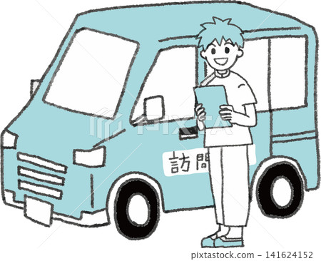 A male home care helper driving to a client's home (vehicle has the word "Visit" on it, 2 colors, vector). 141624152