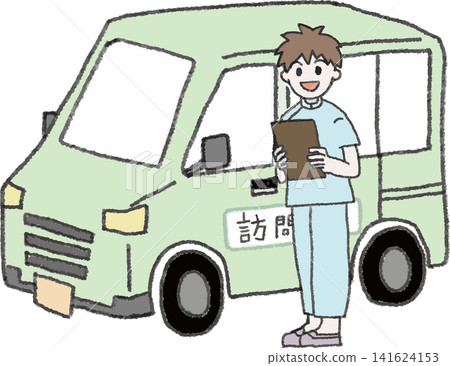 A male home care helper driving to a client's home (vehicle has the word "Visit" on it, full color, vector). A male home care helper driving to a client's home (vehicle has the word "Visit" on it, full color, vector). 141624153