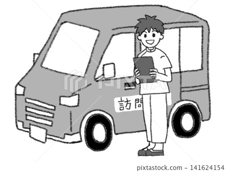 A male home care helper driving to a client's home (vehicle has the word "Visit" on it, monochrome, JPG) A male home care helper driving to a client's home (vehicle has the word "Visit" on it, monochrome, JPG) 141624154