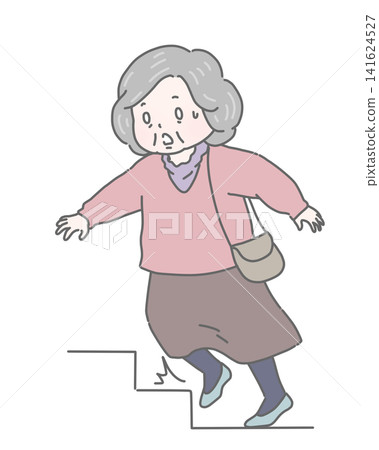 An elderly woman trips on an outdoor staircase. An elderly woman trips on an outdoor staircase. 141624527