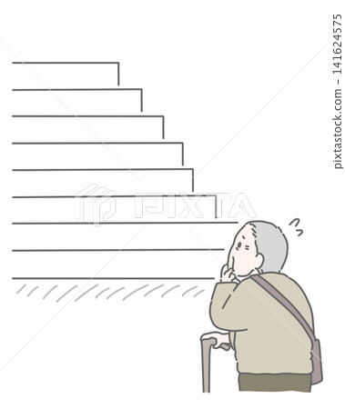An elderly man with a cane looks up the stairs, looking confused. An elderly man with a cane looks up the stairs, looking confused. 141624575