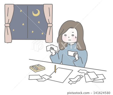 A woman stays up all night organizing receipts for her tax return. A woman stays up all night organizing receipts for her tax return. 141624580