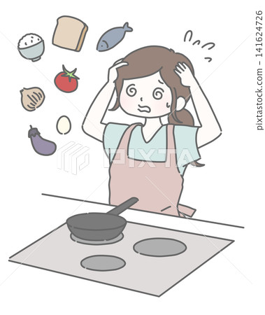 A housewife struggling to decide what to cook in the summer kitchen A housewife struggling to decide what to cook in the summer kitchen 141624726