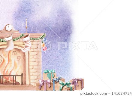 Rectangular frame with a fireplace, Christmas stockings, gifts. Isolated watercolor illustration for the design of cards, invitations, children's products, gifts, horoscopes, calendars. Rectangular frame with a fireplace, Christmas stockings, gifts. Isolated watercolor illustration for the design of cards, invitations, children's products, gifts, horoscopes, calendars. 141624734