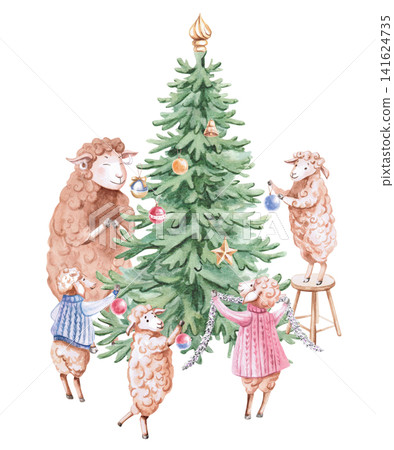A cute family of sheep decorating a Christmas tree. Isolated watercolor illustration for designing cards, invitations, children's products, gifts, horoscopes, and calendars. A cute family of sheep decorating a Christmas tree. Isolated watercolor illustration for designing cards, invitations, children's products, gifts, horoscopes, and calendars. 141624735