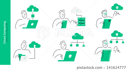 Cloud computing and data storage concepts. Doodle line characters uploading files, managing database servers, securing cloud network, and using laptops. Cloud computing and data storage concepts. Doodle line characters uploading files, managing database servers, securing cloud network, and using laptops. 141624777