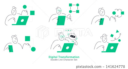 Digital transformation and innovation concepts. Doodle line characters using laptops and smartphones, collaborating with AI chatbot, and managing modern data workflows. Digital transformation and innovation concepts. Doodle line characters using laptops and smartphones, collaborating with AI chatbot, and managing modern data workflows. 141624778