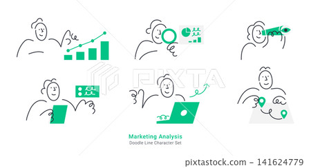 Marketing analysis and business research concepts. Doodle line characters tracking growth charts, inspecting data, looking through telescope, and mapping targets. Marketing analysis and business research concepts. Doodle line characters tracking growth charts, inspecting data, looking through telescope, and mapping targets. 141624779