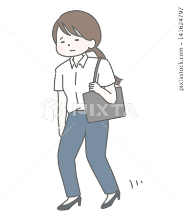 A woman in a short-sleeved shirt walks with tired, heavy steps. A woman in a short-sleeved shirt walks with tired, heavy steps. 141624797