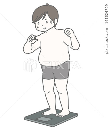 A man despairs after stepping onto a weighing scale. A man despairs after stepping onto a weighing scale. 141624799