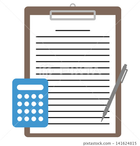 Documents on a clipboard, calculator, ballpoint pen, paperwork, accounting, and estimates. Documents on a clipboard, calculator, ballpoint pen, paperwork, accounting, and estimates. 141624815