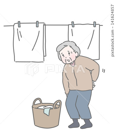 An elderly woman suffers back pain from hanging up laundry. An elderly woman suffers back pain from hanging up laundry. 141624857