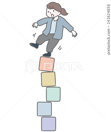 A woman is about to fall as the blocks beneath her feet begin to crumble. A woman is about to fall as the blocks beneath her feet begin to crumble. 141624858