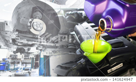 Pouring fresh motor oil into car engine with brake system maintenance background Pouring fresh motor oil into car engine with brake system maintenance background 141624947