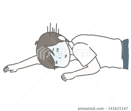 A tired man in a short-sleeved shirt collapses onto the floor. 141625147