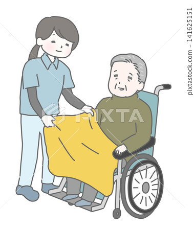 A caregiver puts a blanket over an elderly man. A caregiver puts a blanket over an elderly man. 141625151