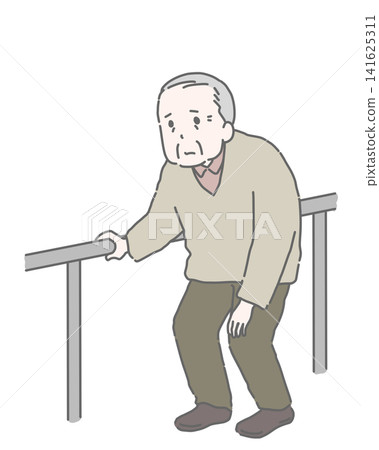 An elderly man holding onto a handrail 141625311