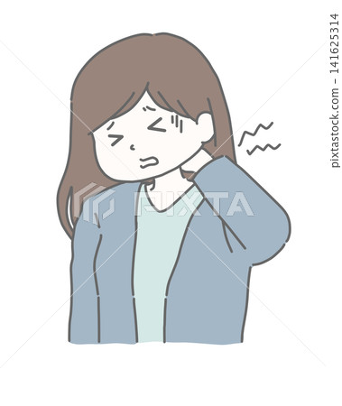A woman winces in pain from neck pain. A woman winces in pain from neck pain. 141625314