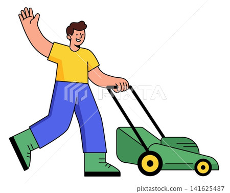 Man Waving While Mowing Lawn Illustration Man Waving While Mowing Lawn Illustration 141625487