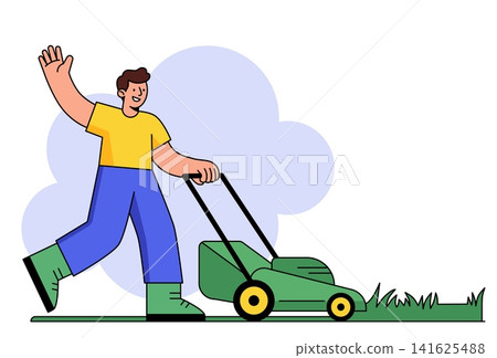 Man Waving While Mowing Lawn Illustration 141625488