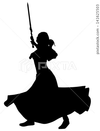 Silhouette of Fantasy Sword Warrior Girl Silhouette of Fantasy Sword Warrior Girl 141625503
