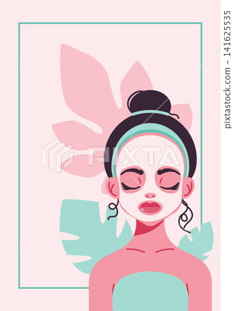 Woman with Cosmetic Face Mask and Leaves Woman with Cosmetic Face Mask and Leaves 141625535