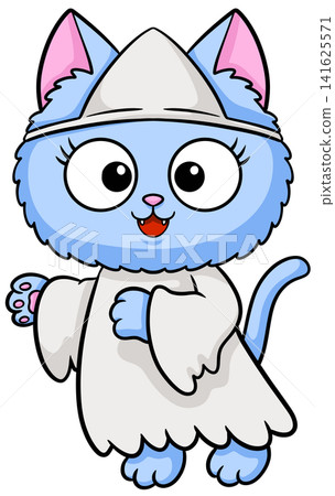 Cute light blue cartoon ghost cat in sheet costume waving friendly paw Cute light blue cartoon ghost cat in sheet costume waving friendly paw 141625571