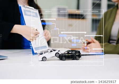 Project timeline chart for car insurance claim management. Professional agent tracking automobile collision policy process Project timeline chart for car insurance claim management. Professional agent tracking automobile collision policy process 141625917