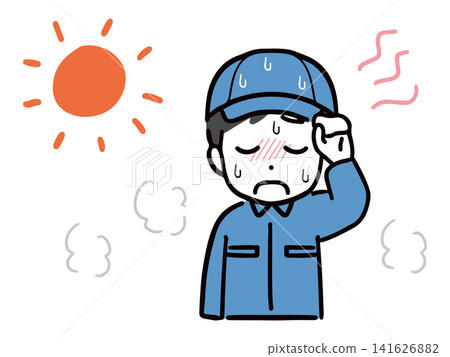A young male worker, drenched in sweat, is struggling with the heat outside. A young male worker, drenched in sweat, is struggling with the heat outside. 141626882