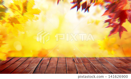 orange fall leaves on wooden floor, autumn natural background with maple trees orange fall leaves on wooden floor, autumn natural background with maple trees 141626900