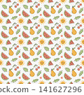 Summer fruit and sun seamless pattern: hand-drawn watermelon, pear, cherry, and tropical leaves in cute doodle style on white background 141627296
