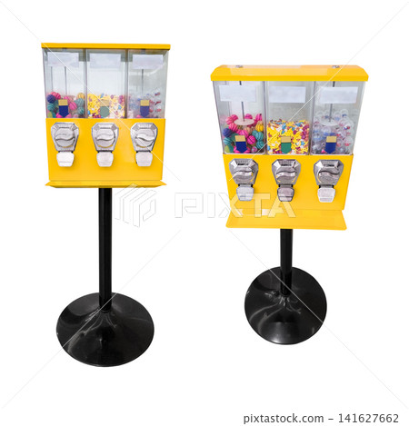 Set of yellow candy gumball vending machines standing on a stand isolated on white background Set of yellow candy gumball vending machines standing on a stand isolated on white background 141627662