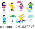 Hand-drawn illustration of children enjoying a rainy day and puddles. 141627717