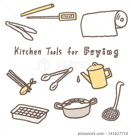 An illustration of a kitchen tool set needed for deep frying. An illustration of a kitchen tool set needed for deep frying. 141627718