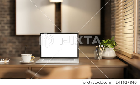 Modern Home Office Workspace with Laptop on Wooden Desk and Window Light Modern Home Office Workspace with Laptop on Wooden Desk and Window Light 141627846