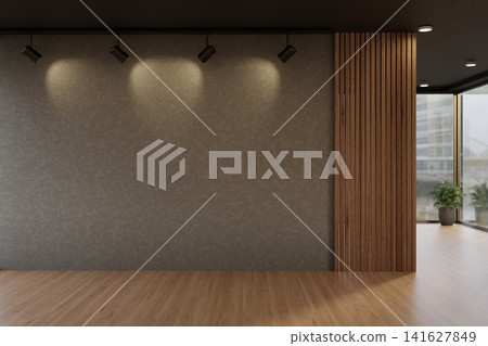 Modern Empty Interior Wall with Wooden Panel and Spotlights Modern Empty Interior Wall with Wooden Panel and Spotlights 141627849